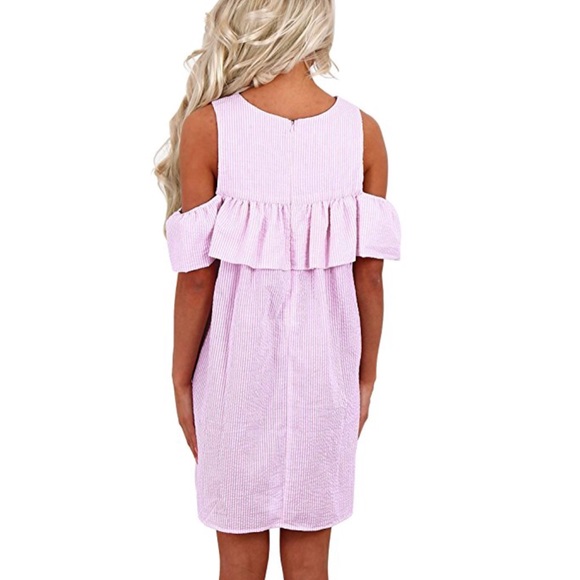 Pink Off Shoulder Stripped Ruffles A-Line Dress - Picture 3 of 5